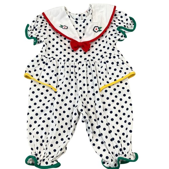 Vintage Baby Girl Polka Dot Bubble Romper Sailor Collar Red Bow Floral Embroider - Picture 1 of 5